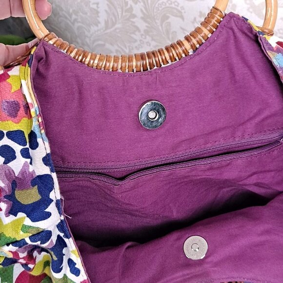 Bamboo Double Rattan Wrapped Handled Colorful Floral Print Round Cotton Bag - Picture 8 of 12